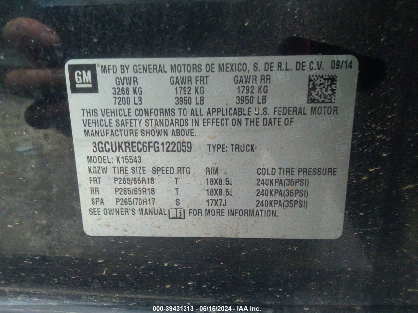 2015 Chevrolet Silverado 1500 1Lt VIN: 3GCUKREC6FG122059 Lot: 39431313