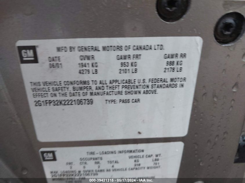 2002 Chevrolet Camaro VIN: 2G1FP32K222106739 Lot: 39431315