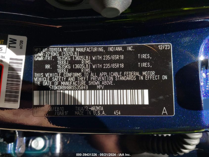 2024 Toyota Highlander Xle VIN: 5TDKDRBH8RS535849 Lot: 39431326