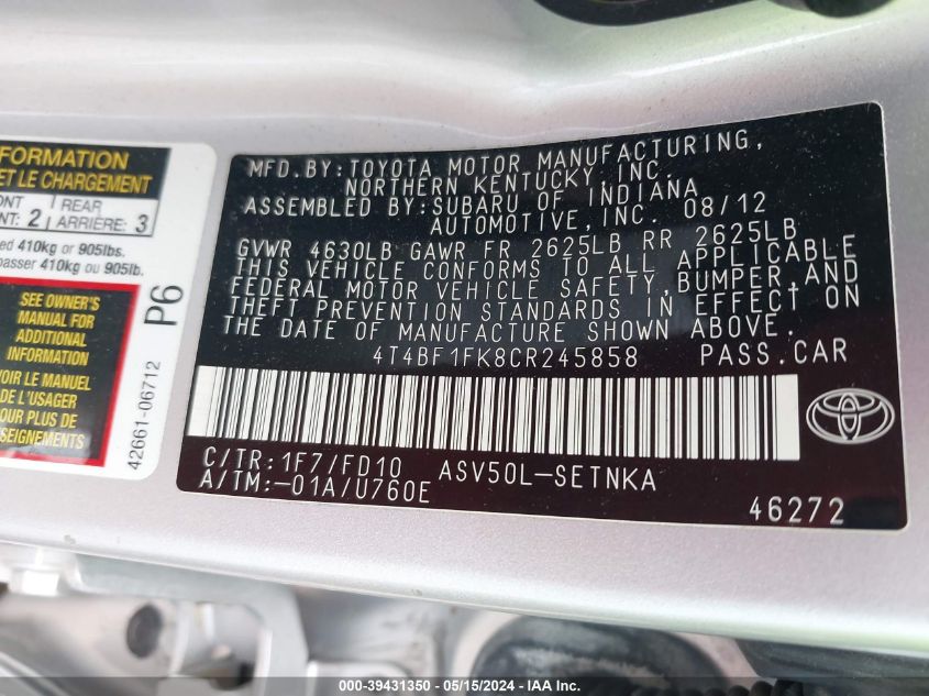 2012 Toyota Camry Le VIN: 4T4BF1FK8CR245858 Lot: 39431350