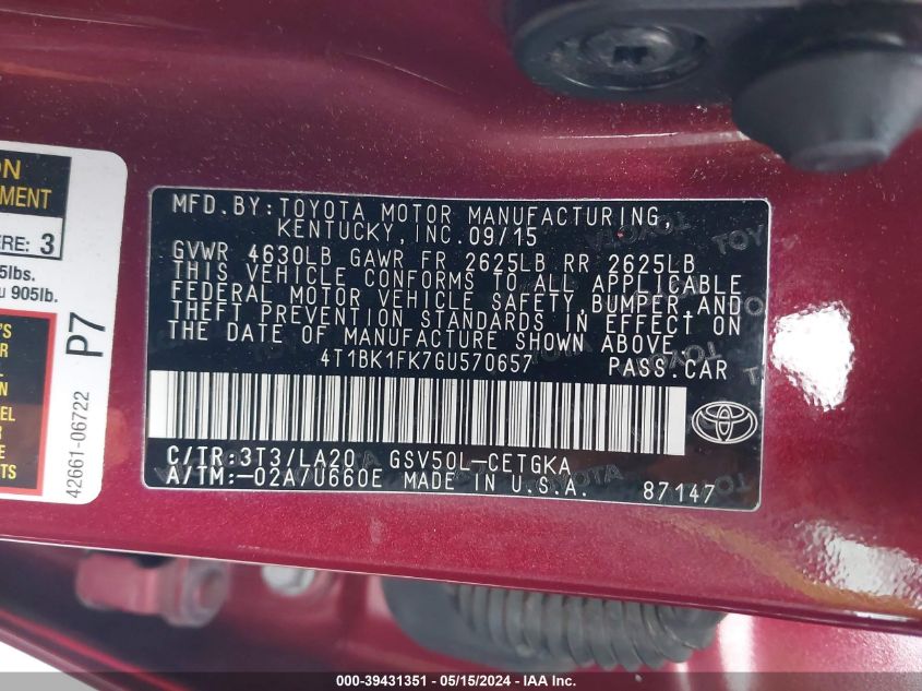 2016 Toyota Camry Xle V6 VIN: 4T1BK1FK7GU570657 Lot: 39431351