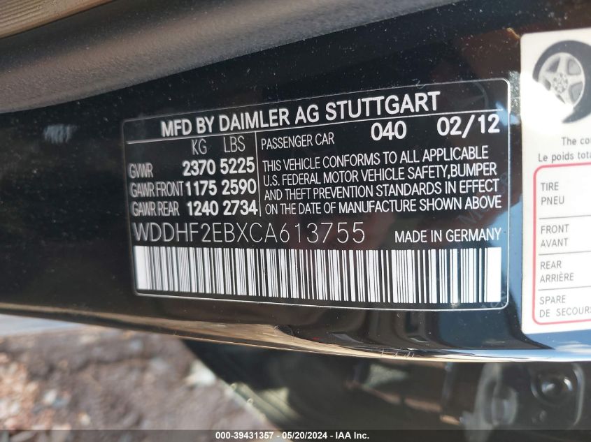 2012 Mercedes-Benz E 350 Bluetec VIN: WDDHF2EBXCA613755 Lot: 39431357