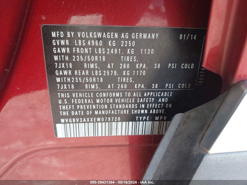 2014 Volkswagen Tiguan Se VIN: WVGBV3AXXEW079720 Lot: 39431364