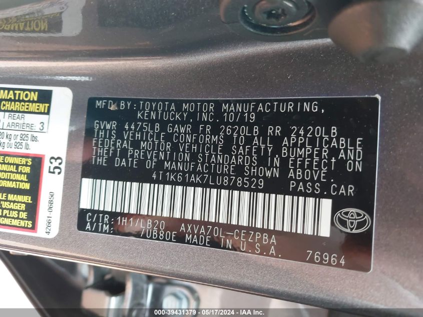 2020 Toyota Camry Xse VIN: 4T1K61AK7LU878529 Lot: 39431379