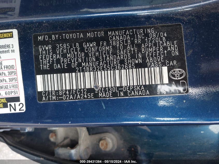 2005 Toyota Corolla S VIN: 2T1BR32E55C362685 Lot: 39431384