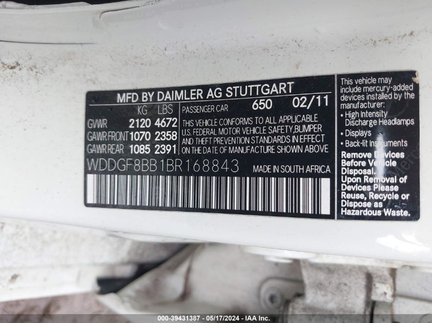 2011 Mercedes-Benz C 300 Luxury 4Matic/Sport 4Matic VIN: WDDGF8BB1BR168843 Lot: 39431387