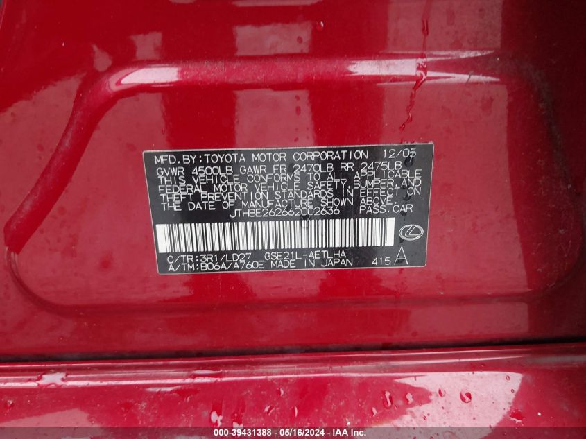 2006 Lexus Is 350 VIN: JTHBE262662002636 Lot: 39431388