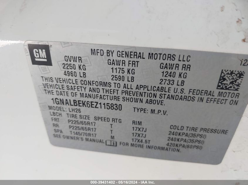 2014 Chevrolet Equinox 1Lt VIN: 1GNALBEK6EZ115830 Lot: 39431402