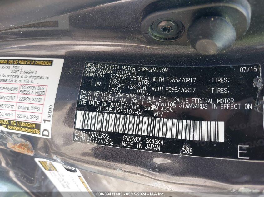 2015 Toyota 4Runner Sr5 Premium VIN: JTEZU5JRXF5109904 Lot: 39431403