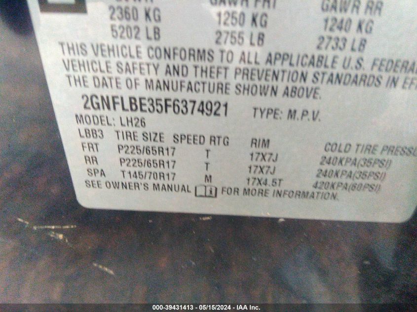 2015 Chevrolet Equinox 1Lt VIN: 2GNFLBE35F6374921 Lot: 39431413