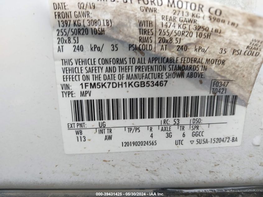 2019 Ford Explorer Xlt VIN: 1FM5K7DH1KGB53467 Lot: 39431425