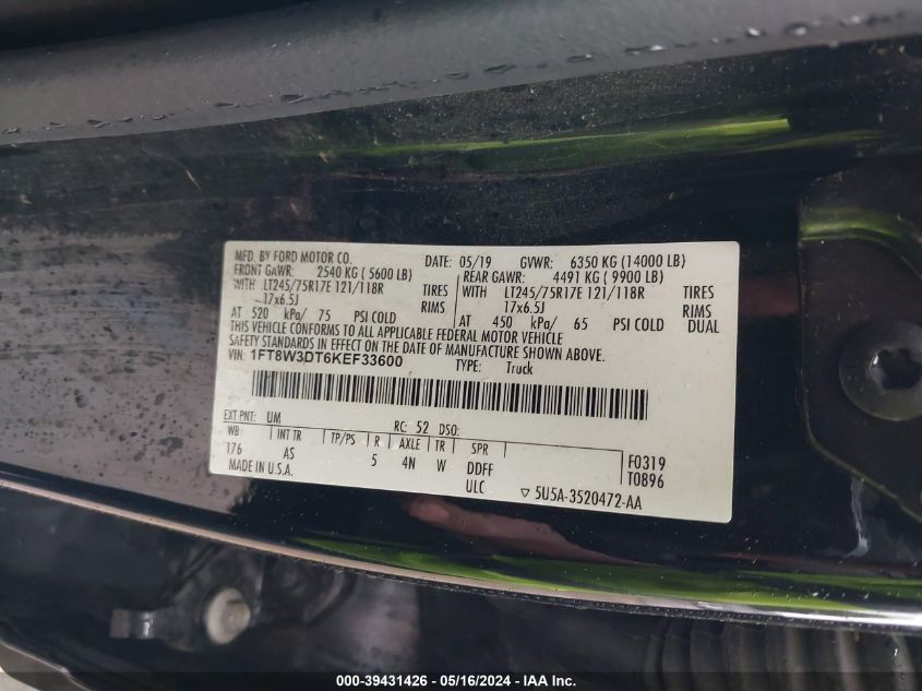 2019 Ford F-350 Xl VIN: 1FT8W3DT6KEF33600 Lot: 39431426