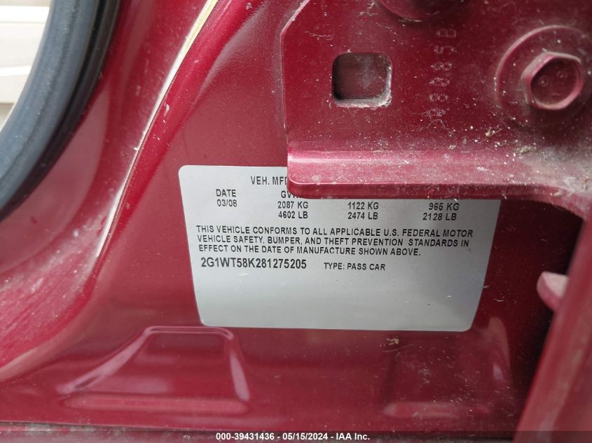 2008 Chevrolet Impala Lt VIN: 2G1WT58K281275205 Lot: 39431436