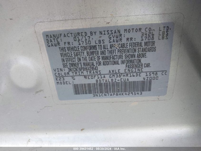 2017 Nissan Versa 1.6 Sv VIN: 3N1CN7AP8HK429543 Lot: 39431452