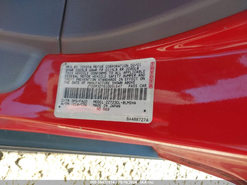 2001 Toyota Celica Gt VIN: JTDDR32T610091647 Lot: 39431514