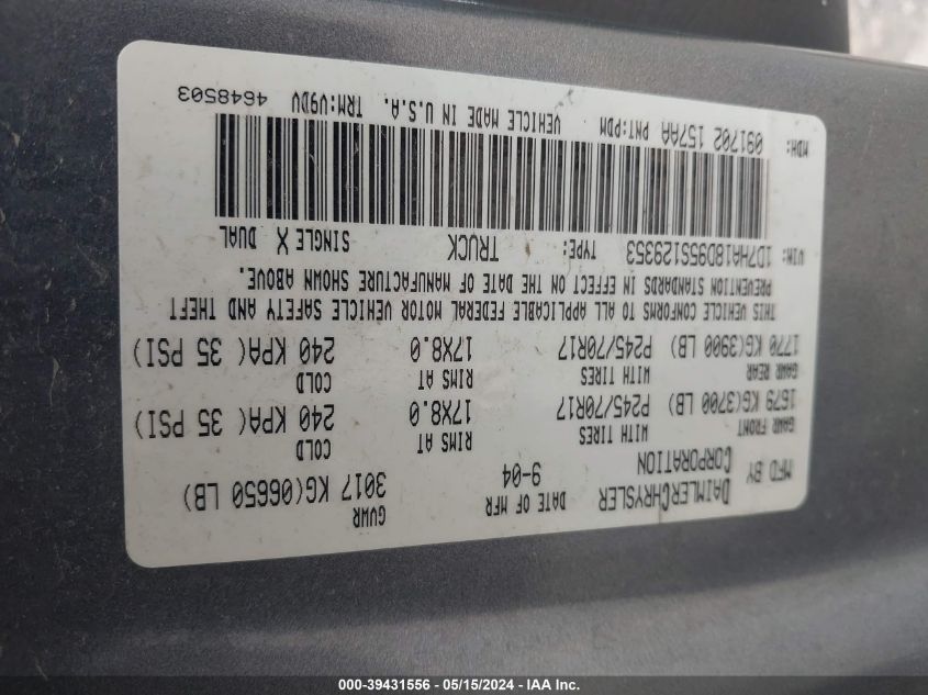 2005 Dodge Ram 1500 Slt/Laramie VIN: 1D7HA18D95S129353 Lot: 39431556