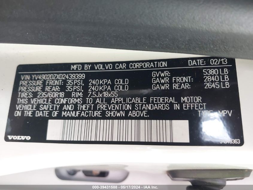 2013 Volvo Xc60 T6/T6 Platinum/T6 Premier Plus/T6 R-Design/T6 R-Design Platinum/T6 R-Design Premier Plus VIN: YV4902DZXD2439399 Lot: 39431588