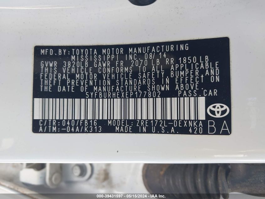 2014 Toyota Corolla Le VIN: 5YFBURHEXEP177802 Lot: 39431597