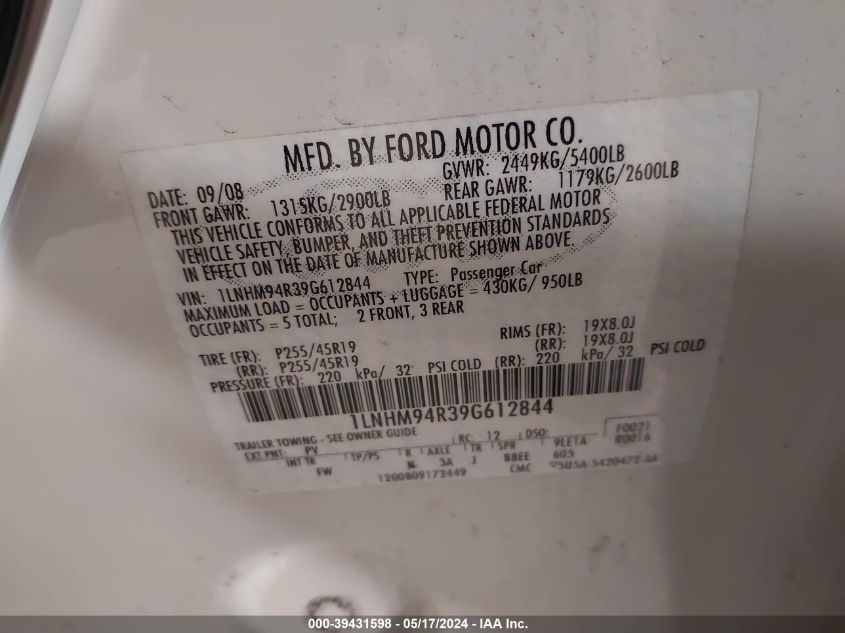 2009 Lincoln Mks VIN: 1LNHM94R39G612844 Lot: 39431598