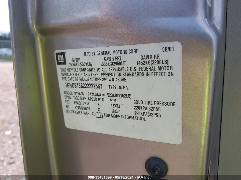 2002 Chevrolet Trailblazer Ls VIN: 1GNDS13S222222567 Lot: 39431599