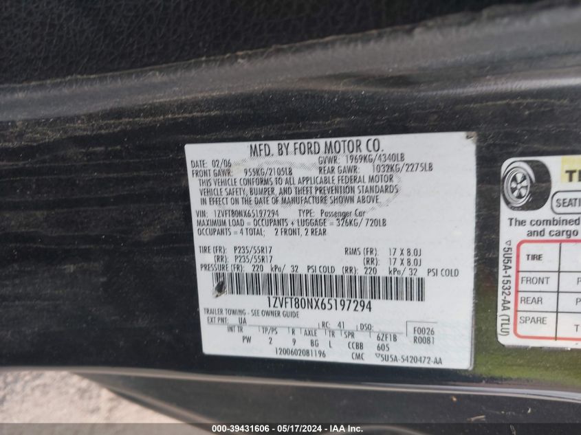 2006 Ford Mustang V6 VIN: 1ZVFT80NX65197294 Lot: 39431606