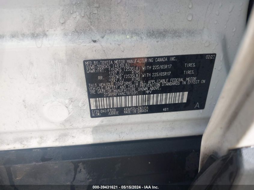 2022 Toyota Rav4 Le VIN: 2T3H1RFV4NC181891 Lot: 39431621