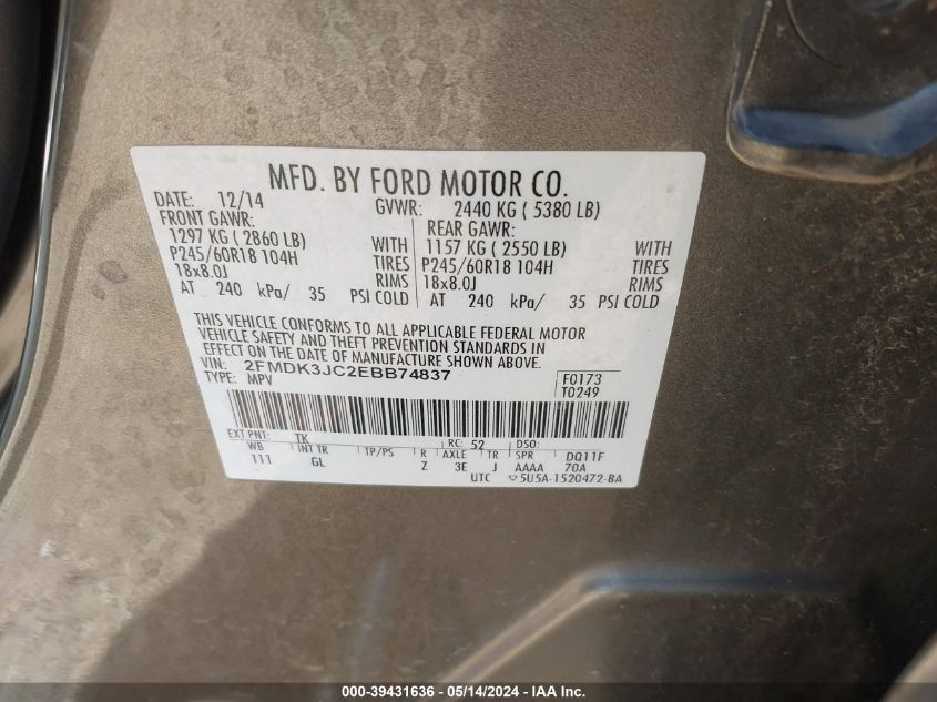 2014 Ford Edge Sel VIN: 2FMDK3JC2EBB74837 Lot: 39431636