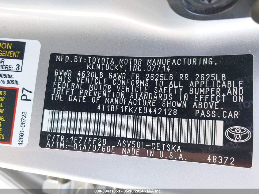 2014 Toyota Camry Se VIN: 4T1BF1FK7EU442128 Lot: 39431653