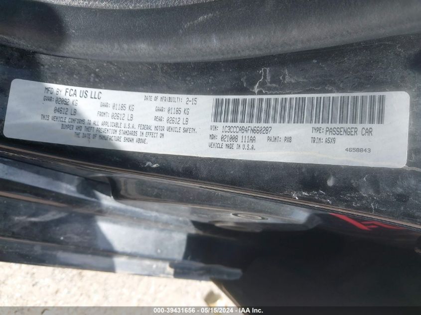 2015 Chrysler 200 Limited VIN: 1C3CCCAB4FN660287 Lot: 39431656