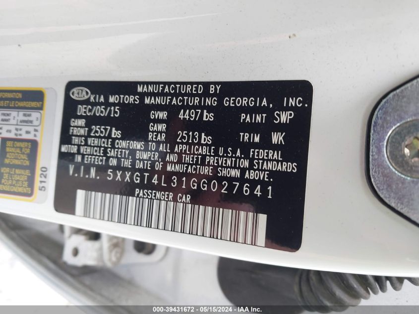 2016 Kia Optima Lx VIN: 5XXGT4L31GG027641 Lot: 39431672