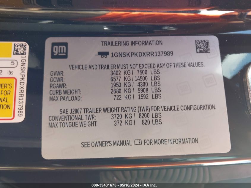 2024 Chevrolet Tahoe 4Wd Z71 VIN: 1GNSKPKDXRR137989 Lot: 39431675