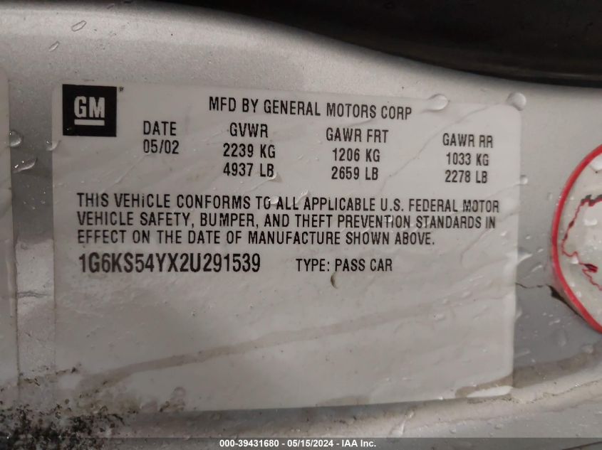 2002 Cadillac Seville Luxury Sls VIN: 1G6KS54YX2U291539 Lot: 39431680