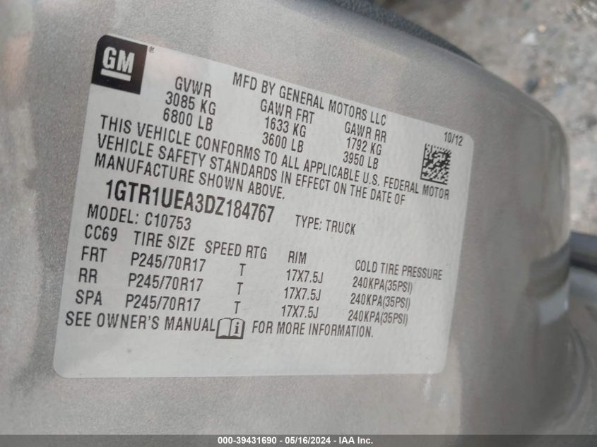 2013 GMC Sierra 1500 Sl VIN: 1GTR1UEA3DZ184767 Lot: 39431690