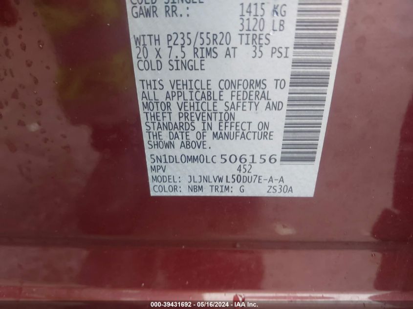 2020 Infiniti Qx60 Luxe Awd VIN: 5N1DL0MM0LC506156 Lot: 39431692