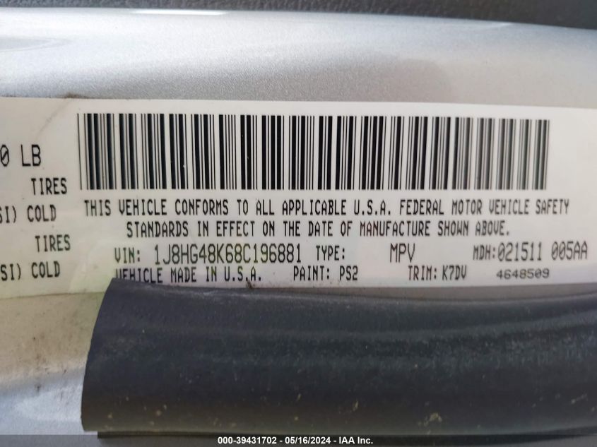 2008 Jeep Commander Sport VIN: 1J8HG48K68C196881 Lot: 39431702
