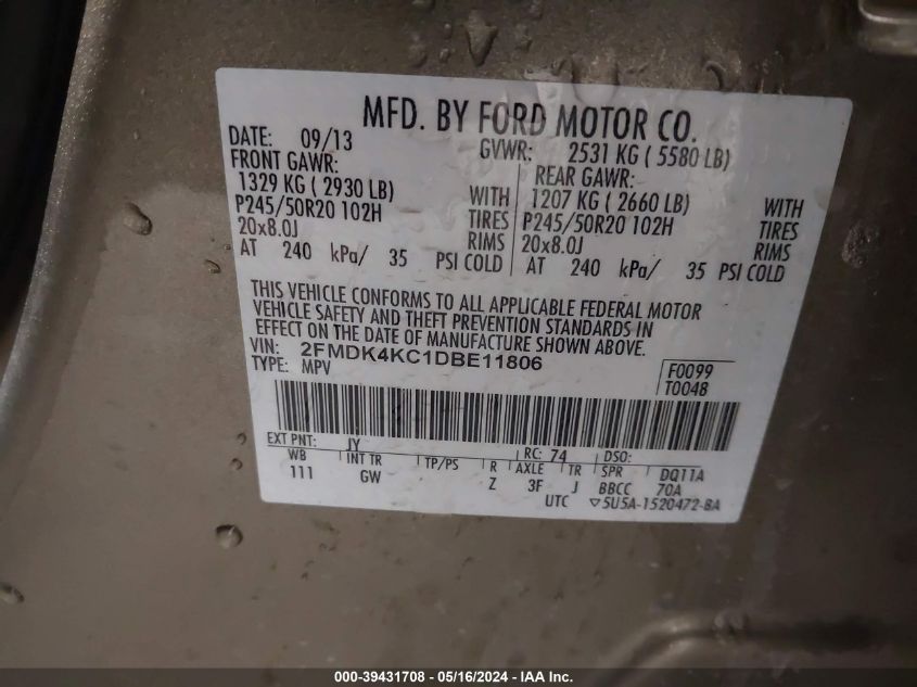 2013 Ford Edge Limited VIN: 2FMDK4KC1DBE11806 Lot: 39431708