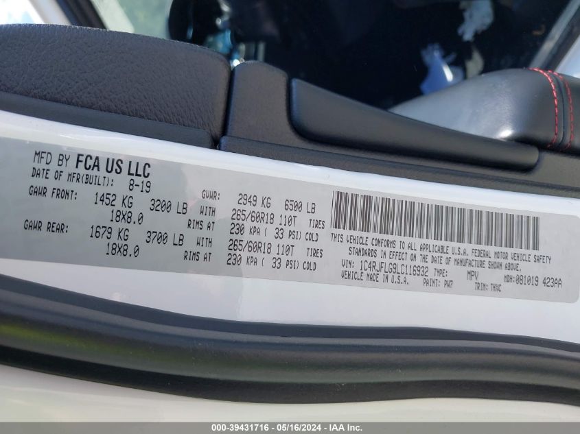 2020 Jeep Grand Cherokee Trailhawk 4X4 VIN: 1C4RJFLG9LC116932 Lot: 39431716