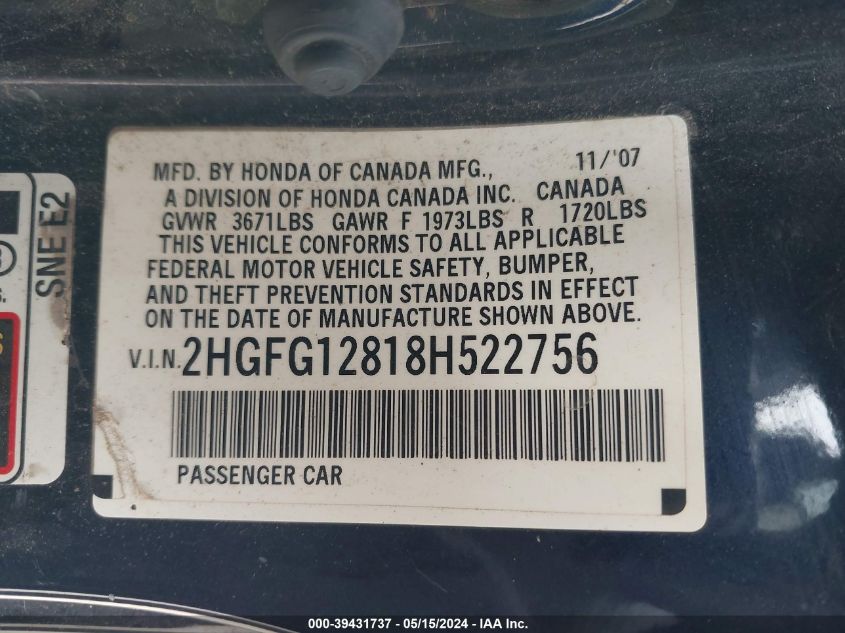 2008 Honda Civic Ex VIN: 2HGFG12818H522756 Lot: 39431737
