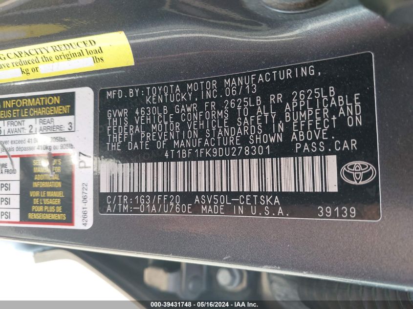 2013 Toyota Camry Se VIN: 4T1BF1FK9DU278301 Lot: 39431748