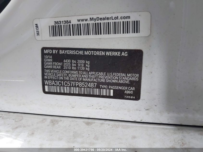 2015 BMW 328I VIN: WBA3C1C57FP852487 Lot: 39431756