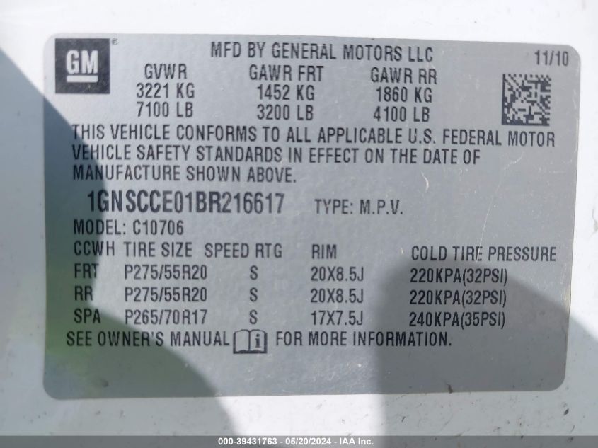 2011 Chevrolet Tahoe Ltz VIN: 1GNSCCE01BR216617 Lot: 39431763