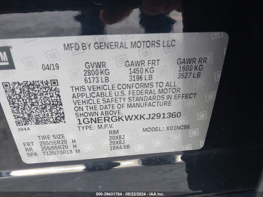 2019 Chevrolet Traverse 1Lt VIN: 1GNERGKWXKJ291360 Lot: 39431764