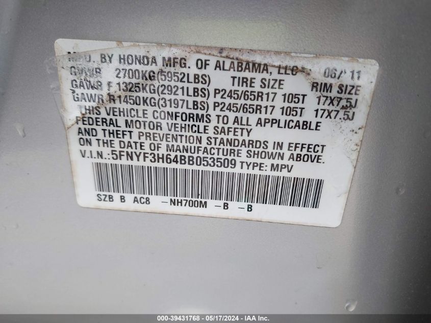 2011 Honda Pilot Ex-L VIN: 5FNYF3H64BB053509 Lot: 39431768