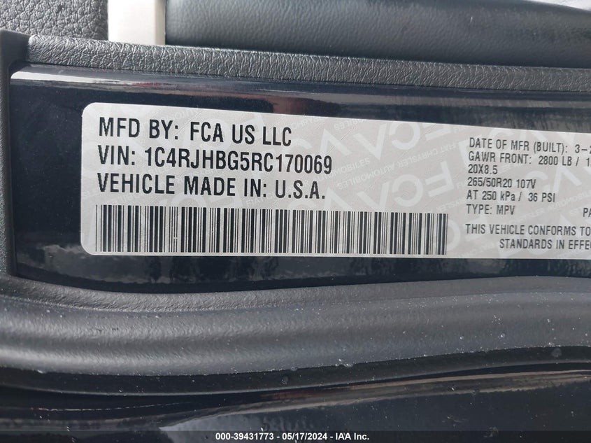 VIN 1C4RJHBG5RC170069 2024 JEEP GRAND CHEROKEE LIMITED 4X4