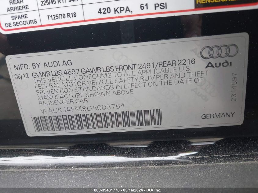 2013 Audi A3 2.0 Tdi Premium VIN: WAUKJAFM8DA003764 Lot: 39431778