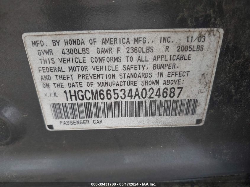 2004 Honda Accord 3.0 Ex VIN: 1HGCM66534A024687 Lot: 39431780