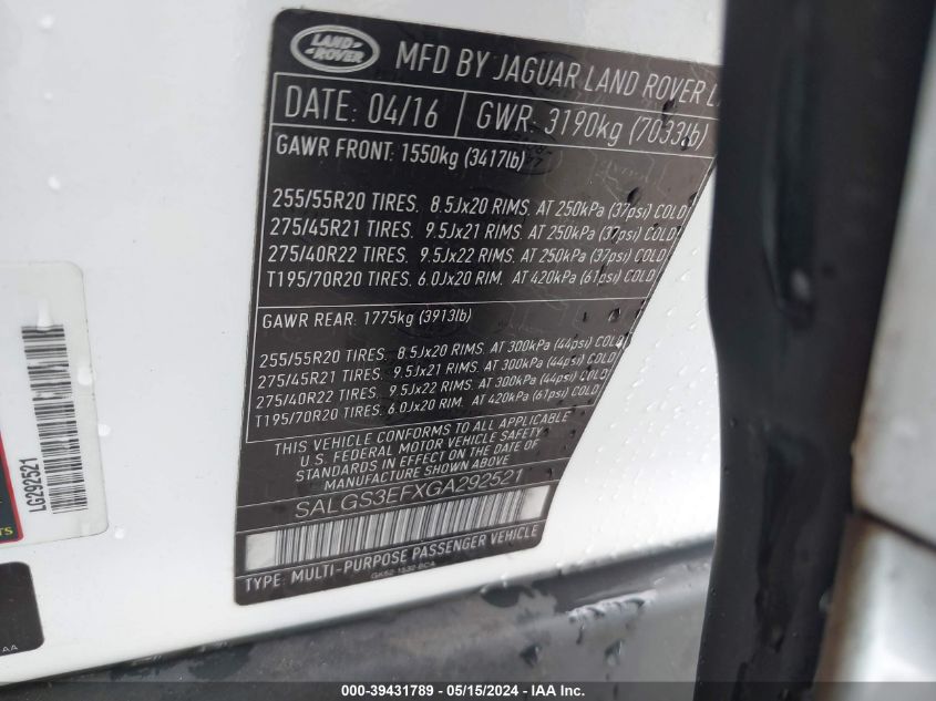 2016 Land Rover Range Rover 5.0L V8 Supercharged VIN: SALGS3EFXGA292521 Lot: 39431789