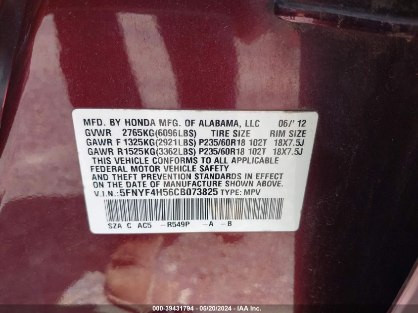 2012 Honda Pilot Ex-L VIN: 5FNYF4H56CB073825 Lot: 39431794