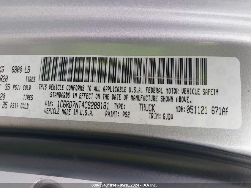 2012 Ram 1500 Laramie VIN: 1C6RD7NT4CS289181 Lot: 39431814
