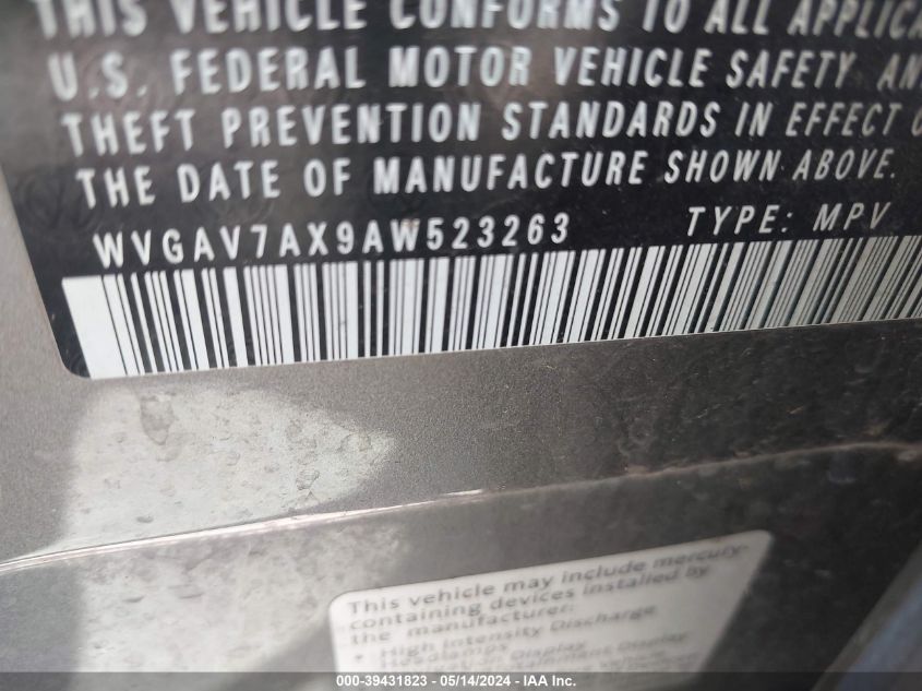 2010 Volkswagen Tiguan S VIN: WVGAV7AX9AW523263 Lot: 39431823